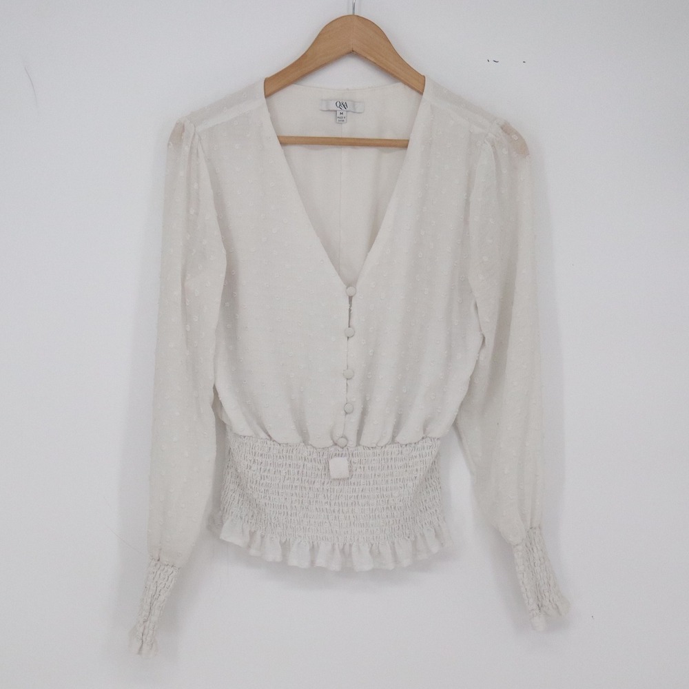 Q&A Blouse Womens Medium Swiss Dot White Smocked Waist V-Neck Peplum Excellent